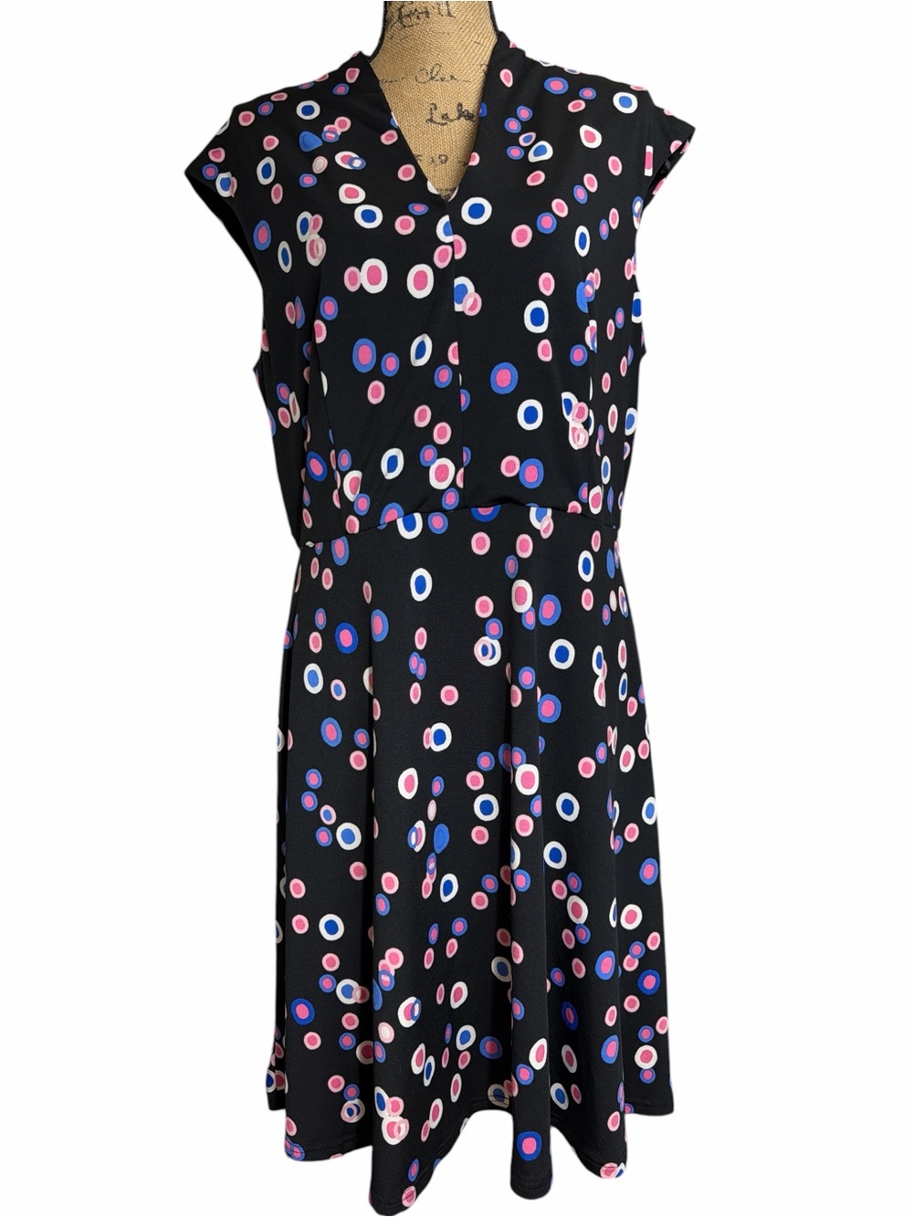 R & K Black Polka Dot Fit & Flare Dress with Pink and Blue Accents EC  Size 16